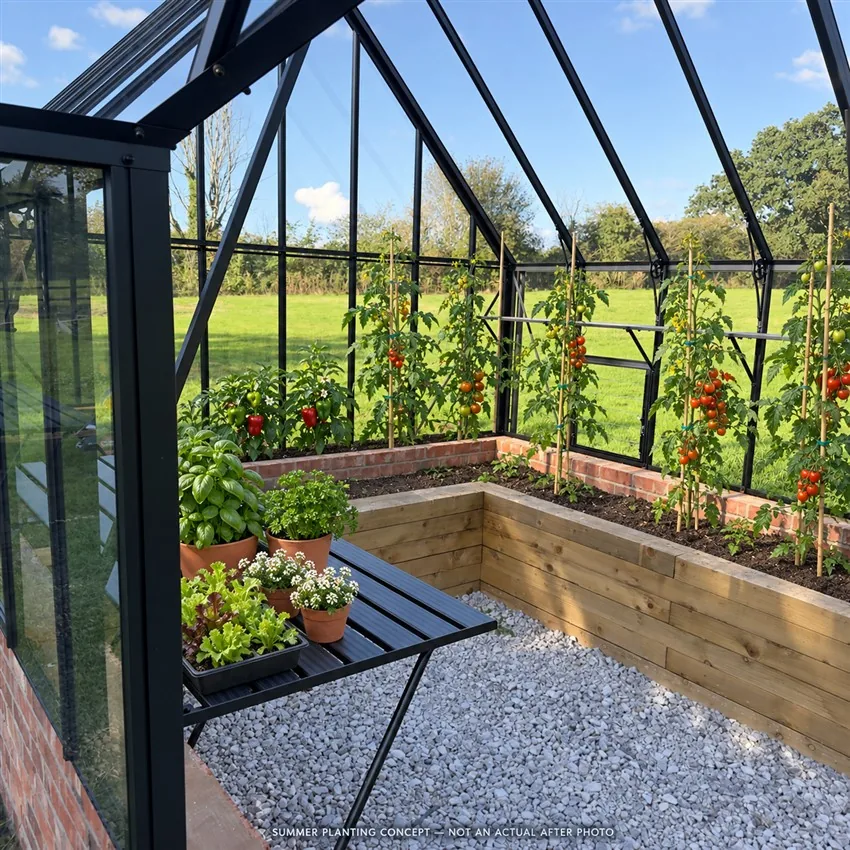 Generated summer planting concept showing tomatoes, peppers, herbs and small white flowers