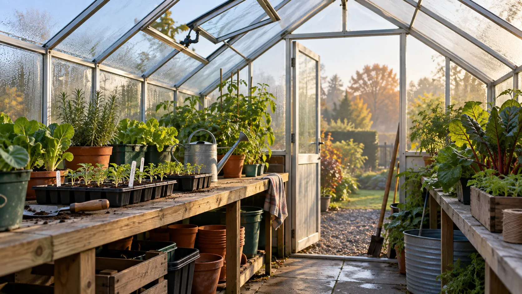 AI-generated illustration of an autumn greenhouse with its roof vent open