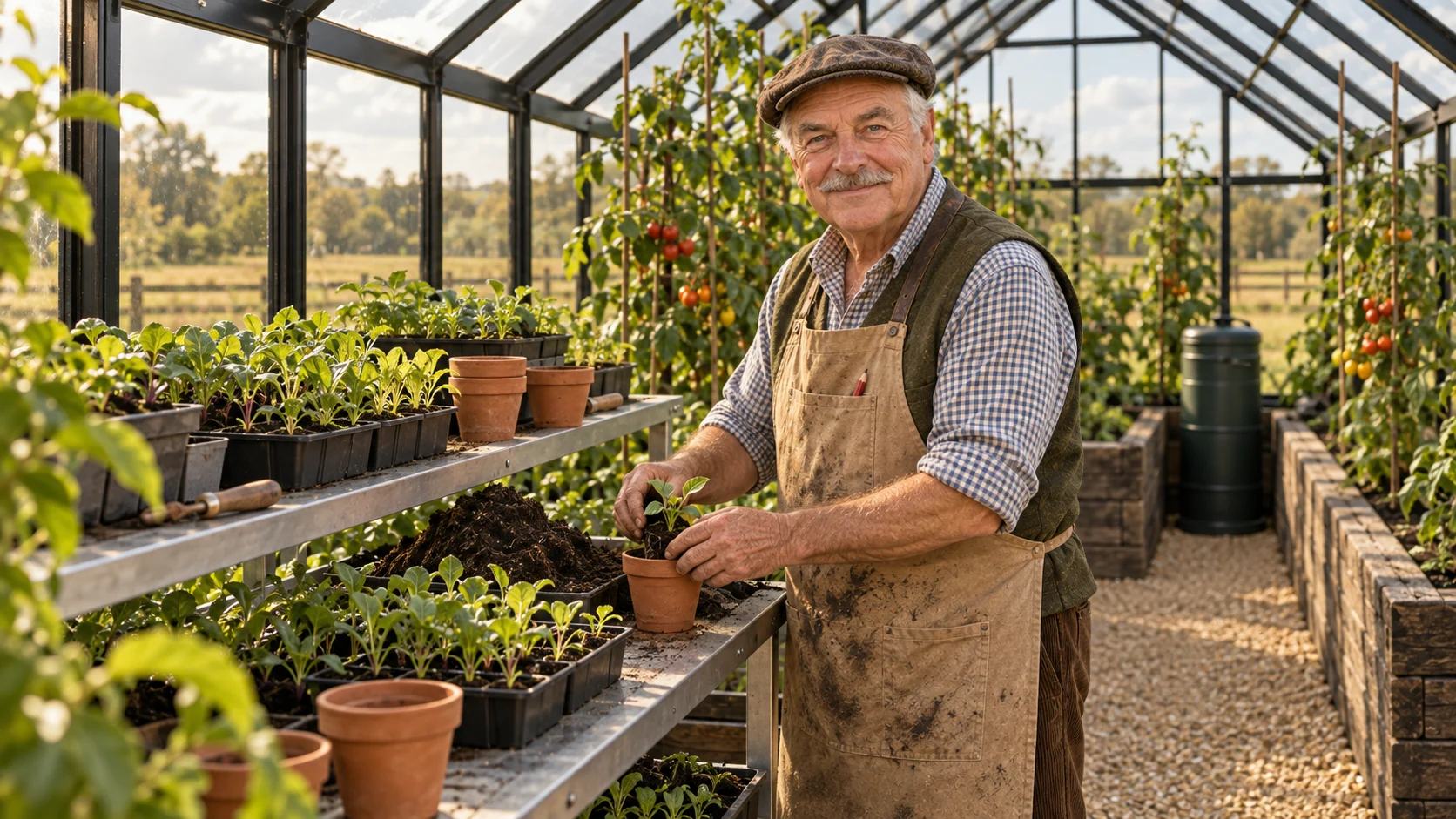 Generated illustration of Percy at the greenhouse potting bench