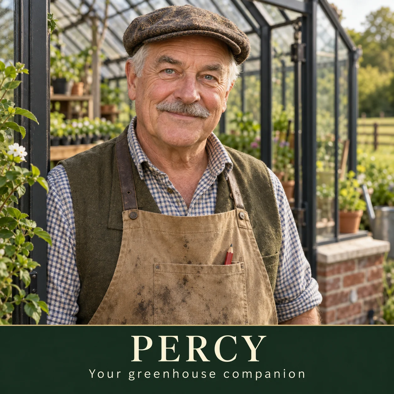 Percy in his flat cap, checked shirt and canvas apron