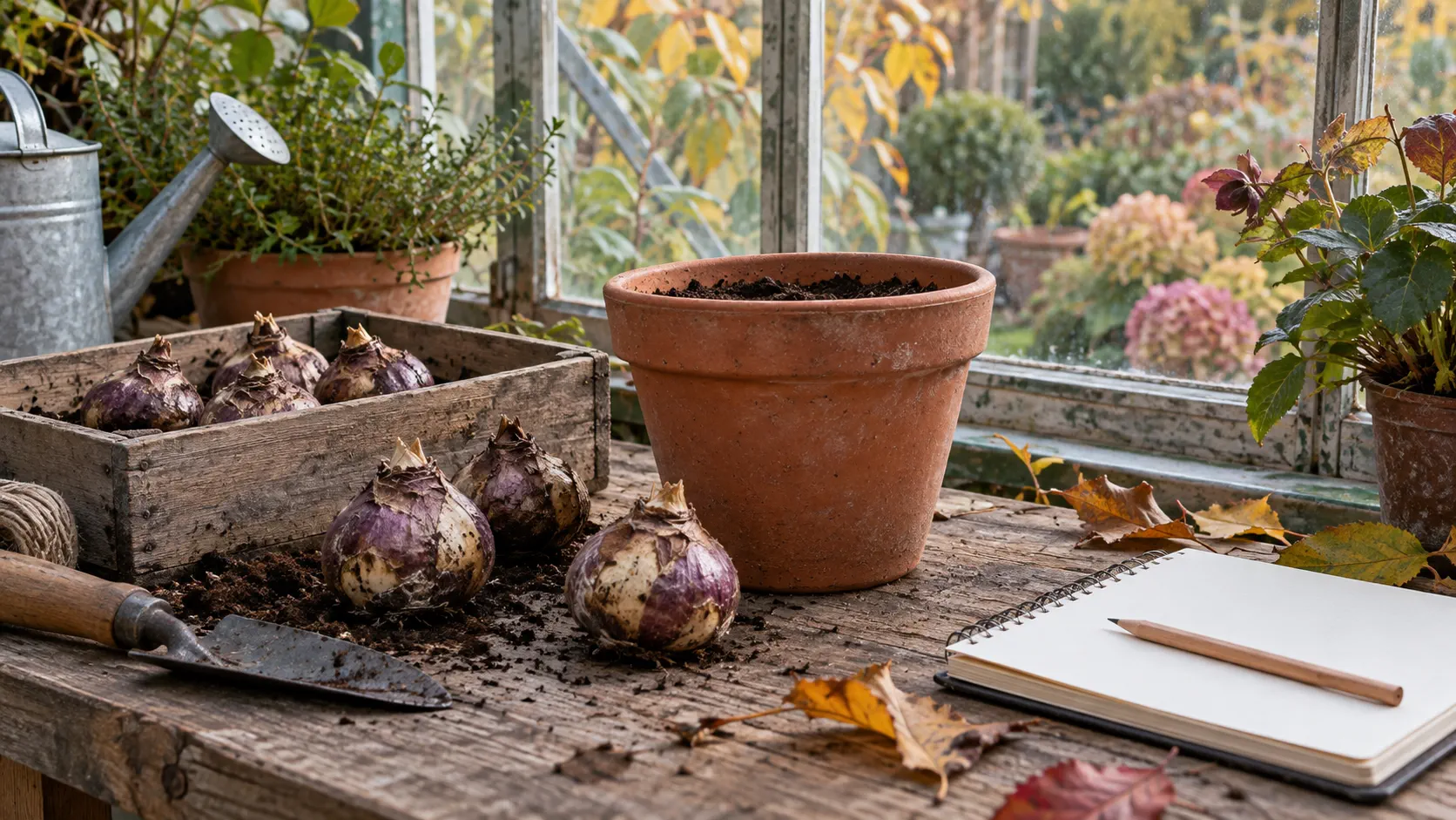 AI-generated illustration of a potting bench with prepared bulbs and a notebook